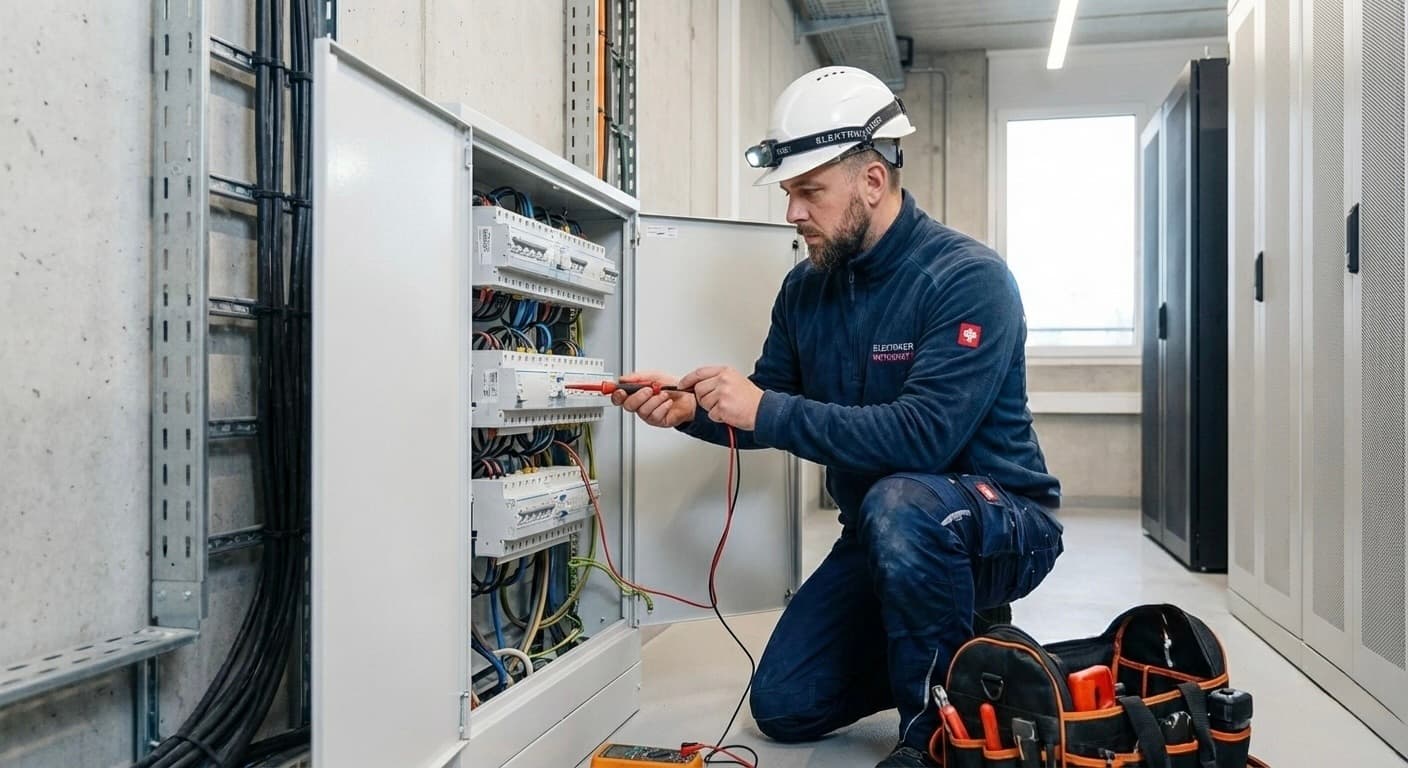 Elektriker prüft Sicherungskasten bei Stromausfall – 24/7 Notdienst Stromausfall beheben – Elektriker Notdienst prüft FI-Schutzschalter und Sicherungskasten 24/7